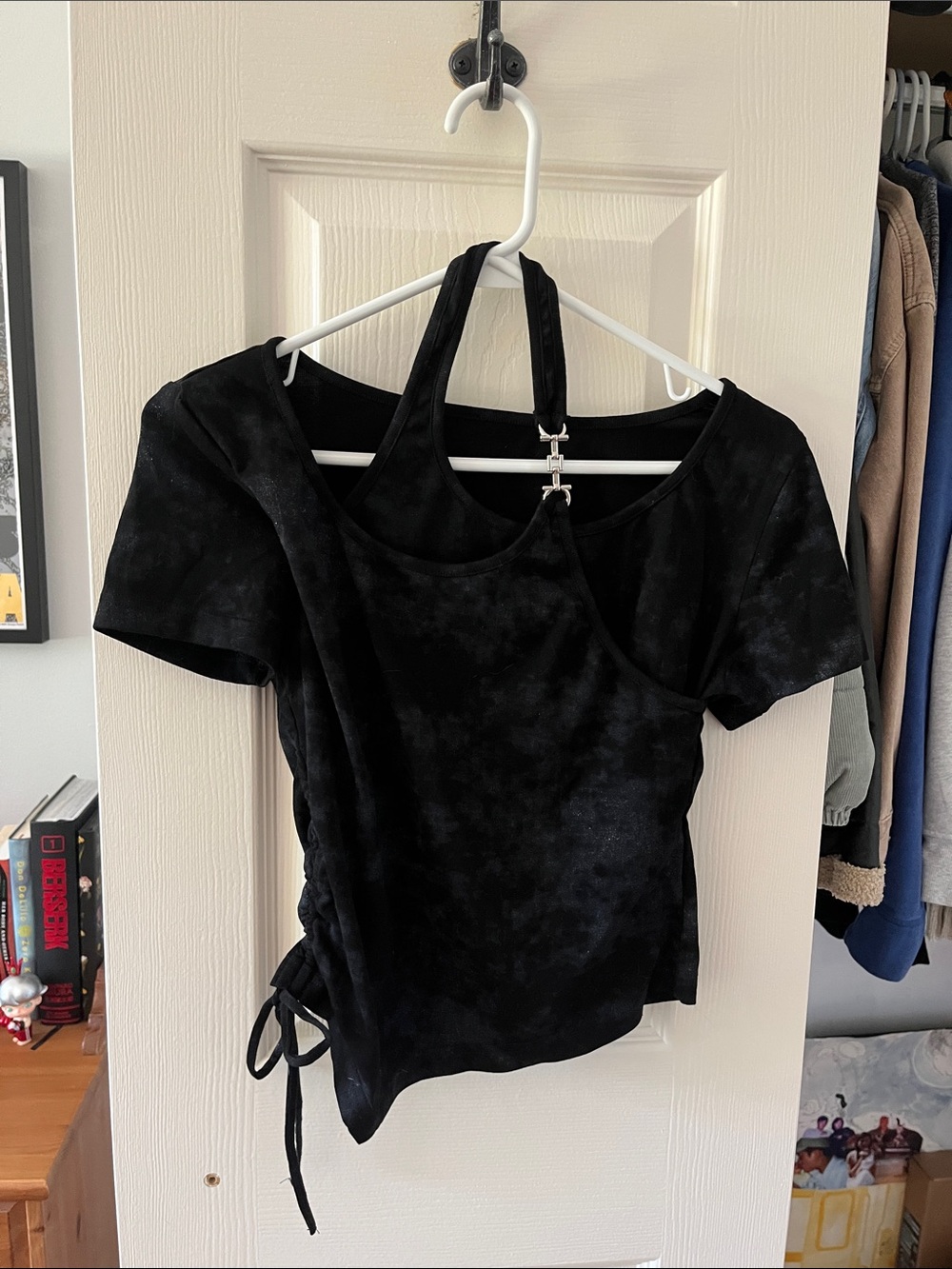 Black Asymmetric Strap Short Sleeve Top
